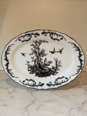 Vintage Black & White Aux Au Provence Rooster Toile Oval Serving Platter 13.5 “